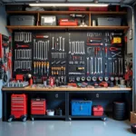 Wide selection of euro car parts garage tools displayed on shelves and workbenches.