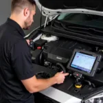 A mechanic using a diagnostic scanner on a car engine.