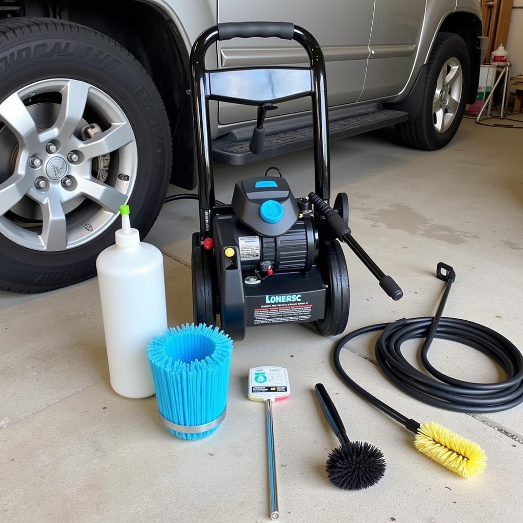 Exterior car cleaning tools: pressure washer, foam cannon, and various brushes