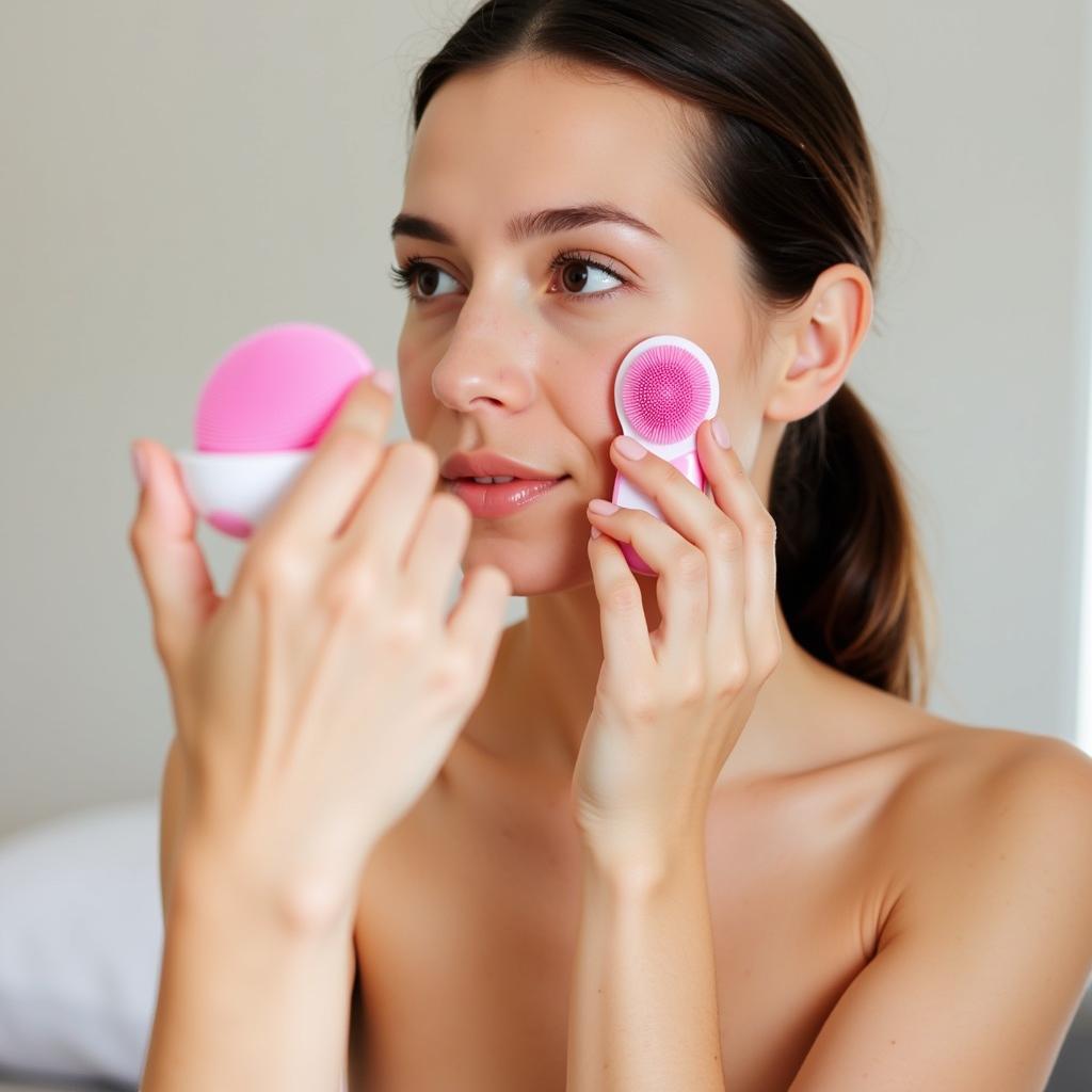 Woman Using a Facial Cleansing Brush