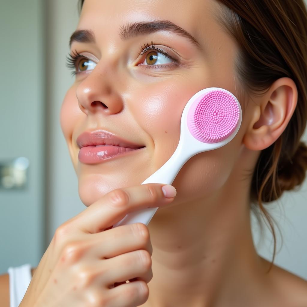 A woman using a facial cleansing brush purchased from Walmart