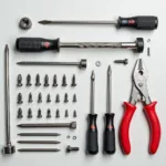 Essential Fastener Removal Tools for Car Doors: A collection of various screwdrivers, Torx bits, and other specialized tools used for removing and installing car door fasteners.