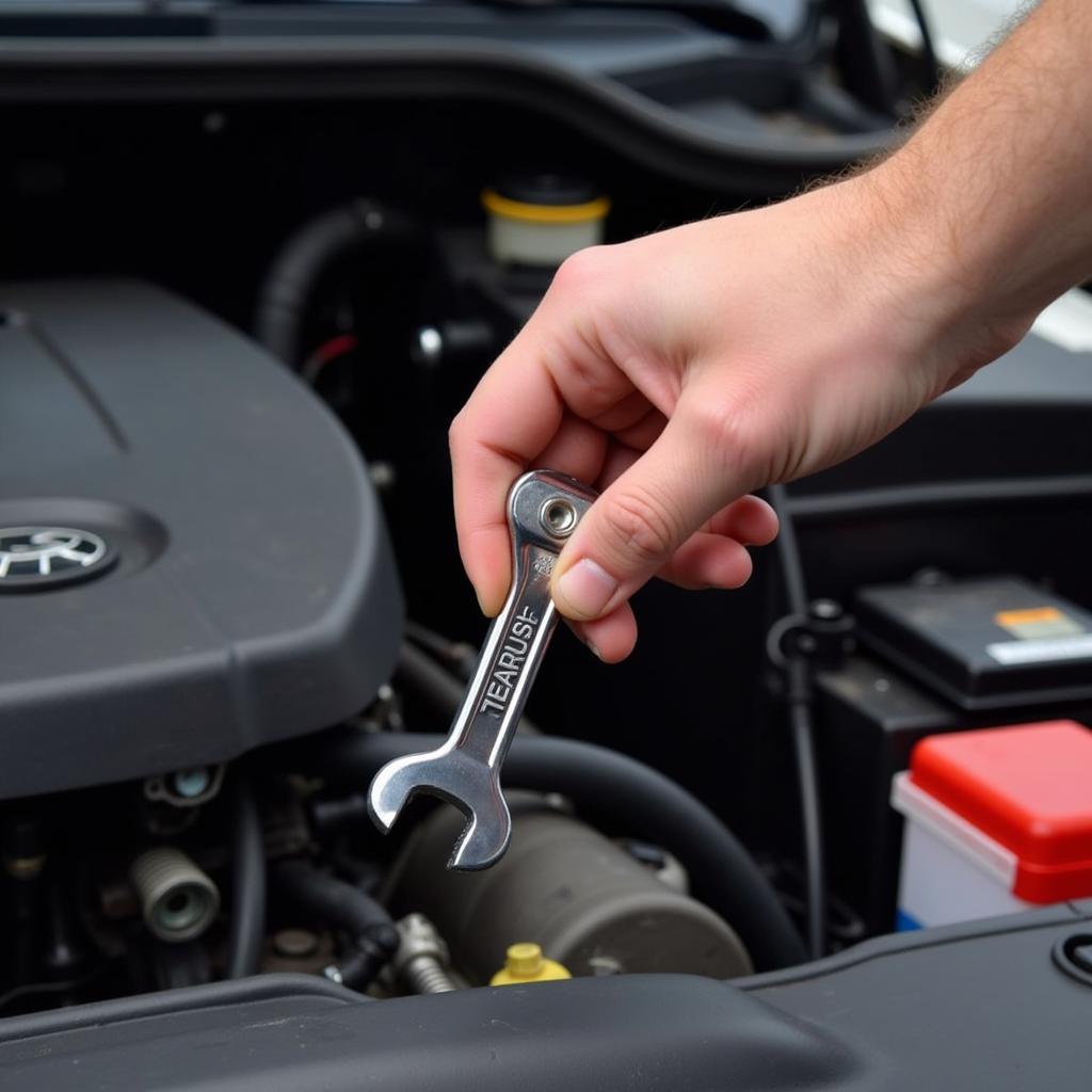 Mechanic Selecting a Z-Shaped Wrench for Engine Repair