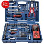 A comprehensive overview of a full car mechanic tool set, including wrenches, sockets, screwdrivers, pliers, and diagnostic equipment.