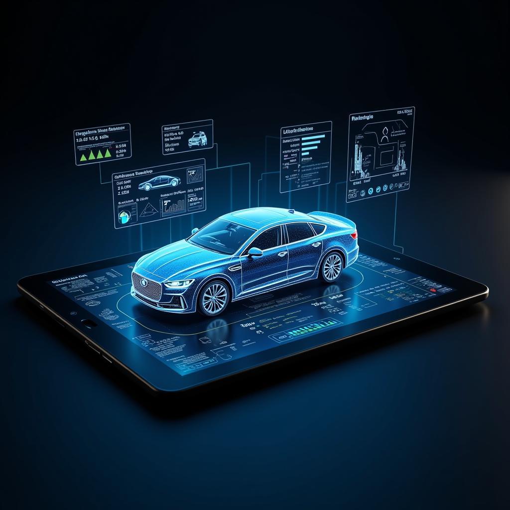 Futuristic car diagnostic interface on a tablet