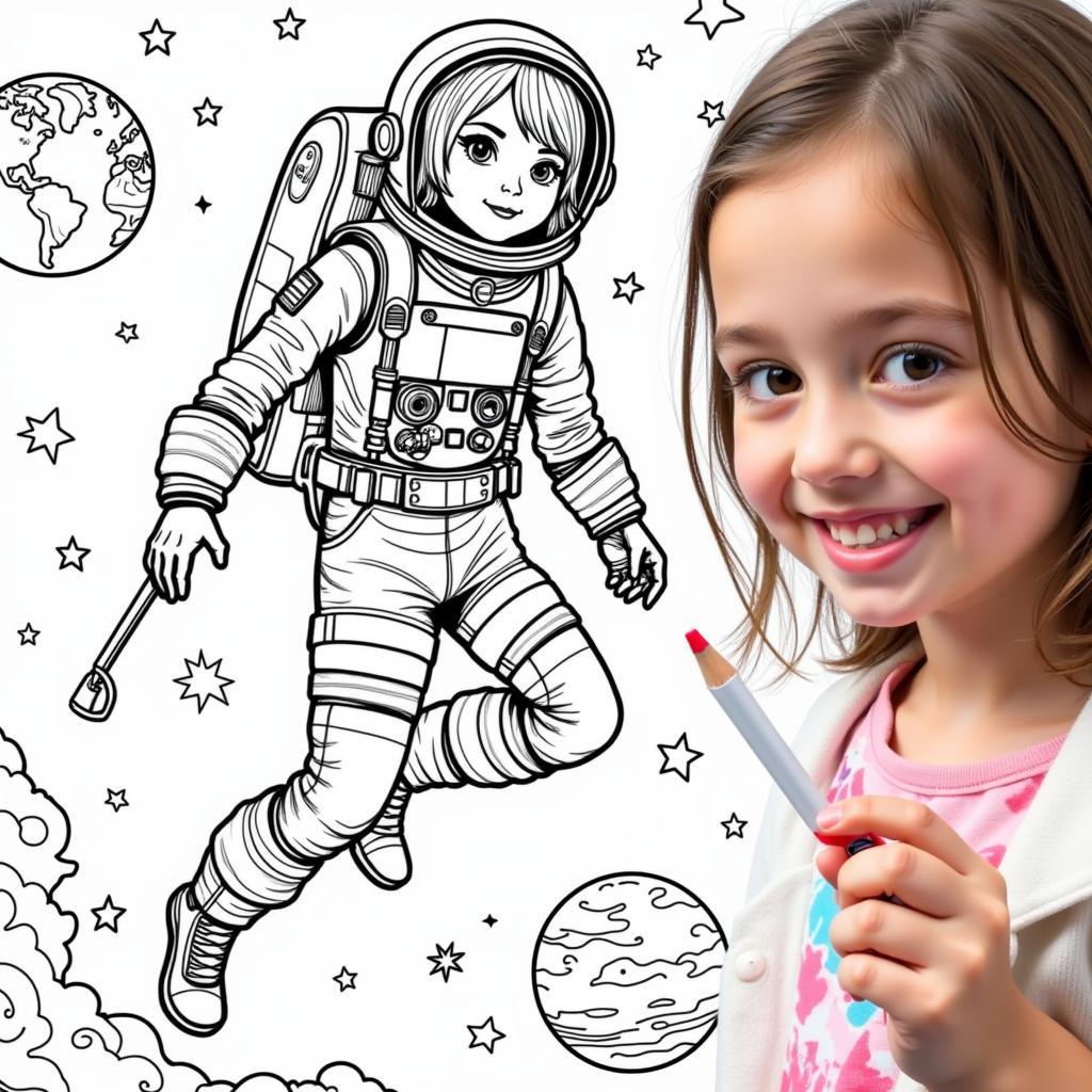 Girl coloring astronaut page