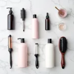 Flatlay of various hair care products and tools on a marble background