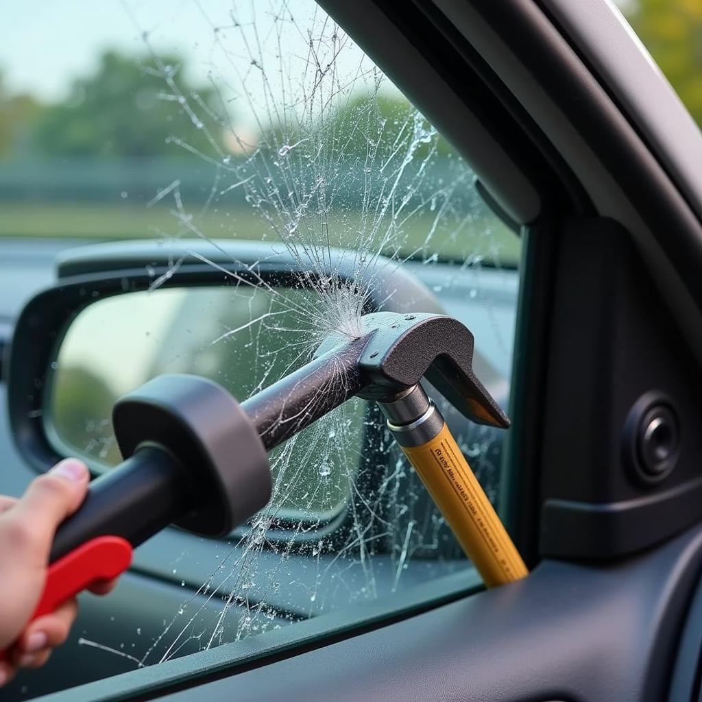 Car Window Being Broken with a Hammer-Style Tool