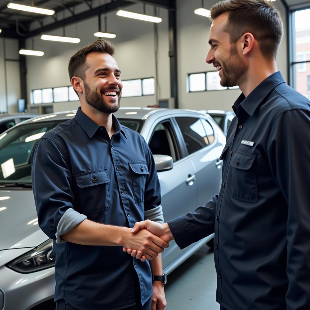 Customer receiving their repaired car back