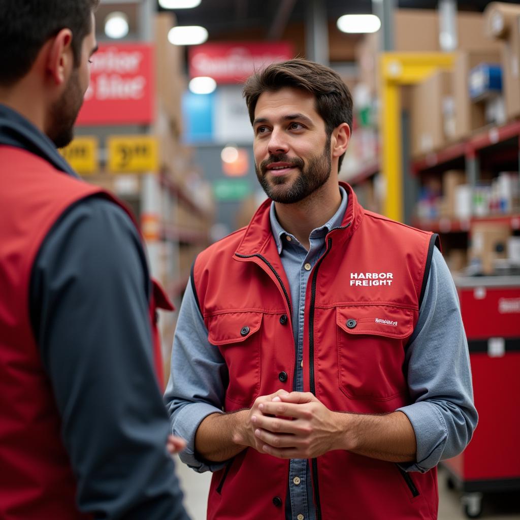 Harbor Freight employee assisting a customer in a retail store