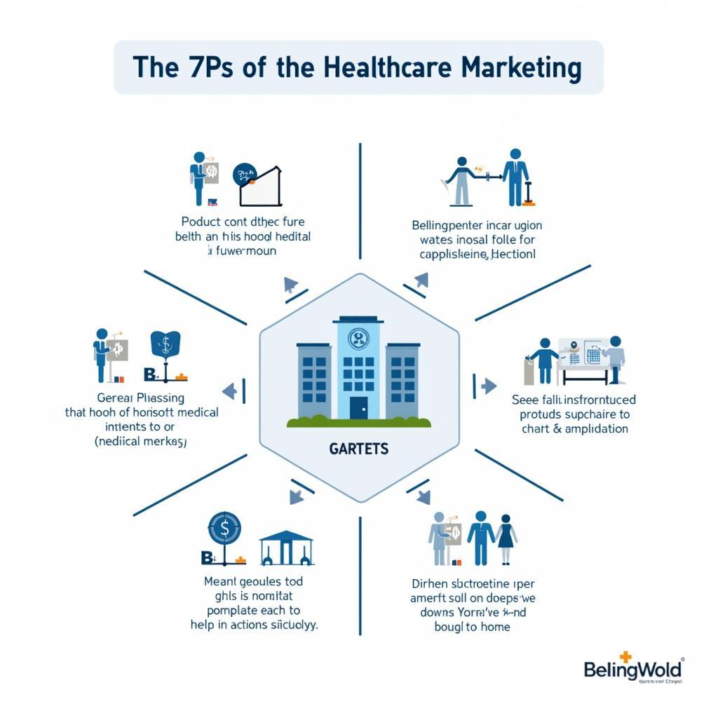 Healthcare Marketing Mix Tools: A visual representation of the 7Ps of the marketing mix adapted for the healthcare industry, showcasing elements like product, price, place, promotion, people, process, and physical evidence.