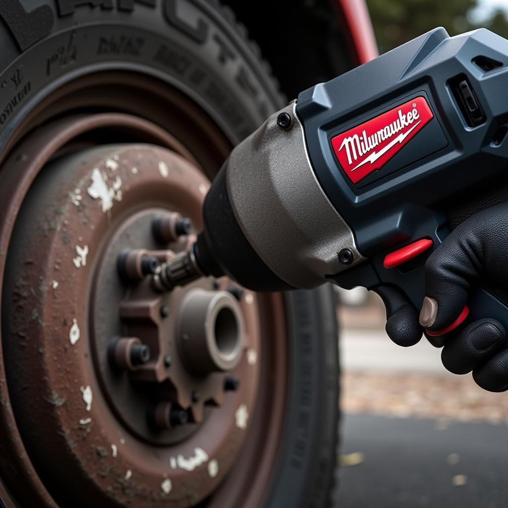 Close-up of a heavy-duty impact wrench with a prominent brand logo.