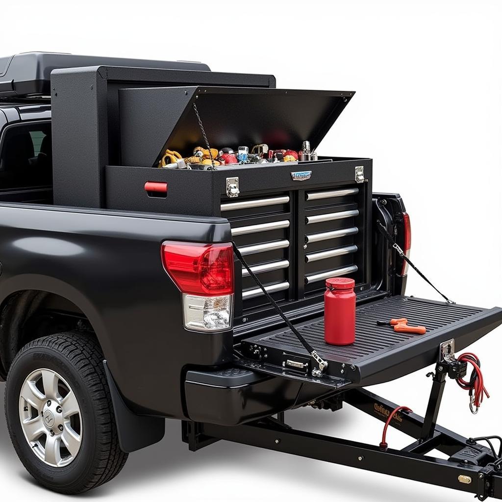 Heavy-Duty Tool Box with Organized Tools and Towing Setup on a Truck