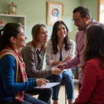 HHS Screening Tool and Community Outreach:  A community health worker talks to a group of people, illustrating the potential for broader application of the screening tool beyond healthcare settings.