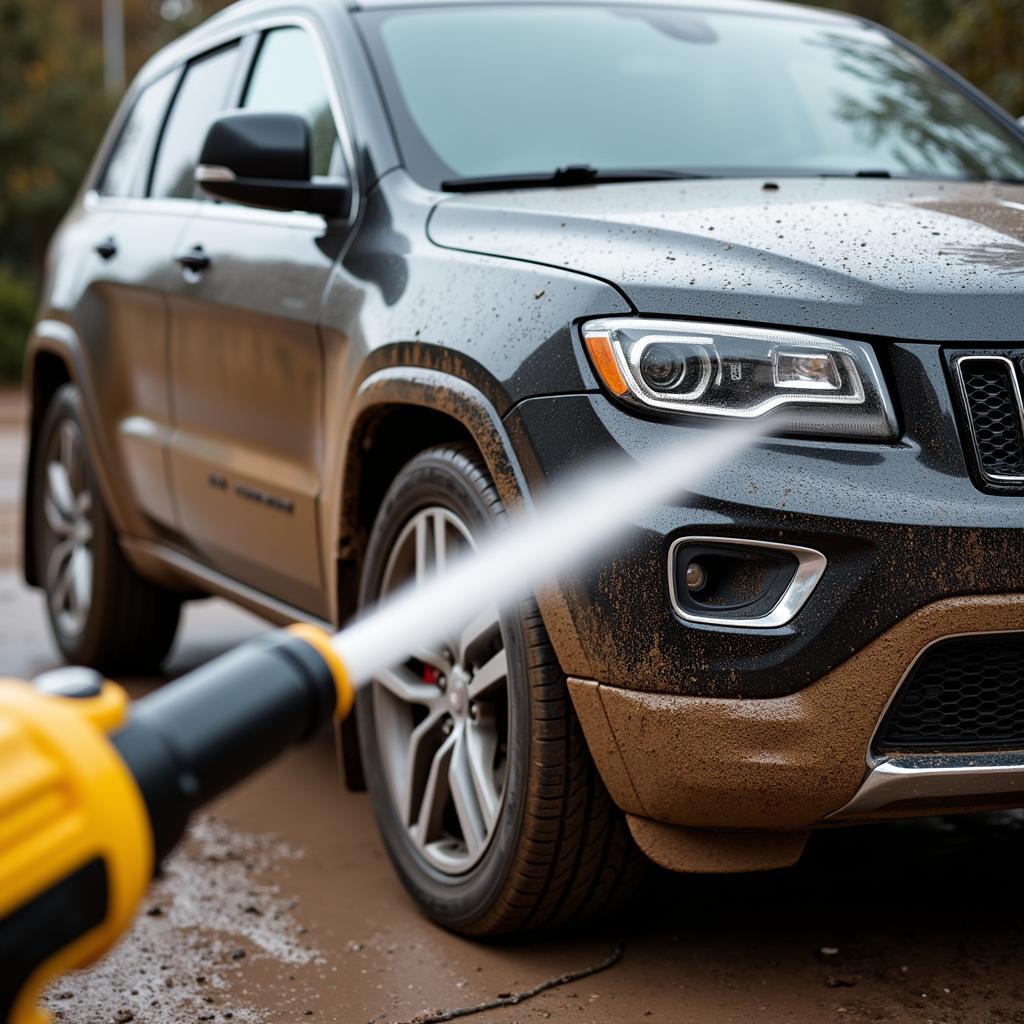 High pressure car washer cleaning a muddy vehicle