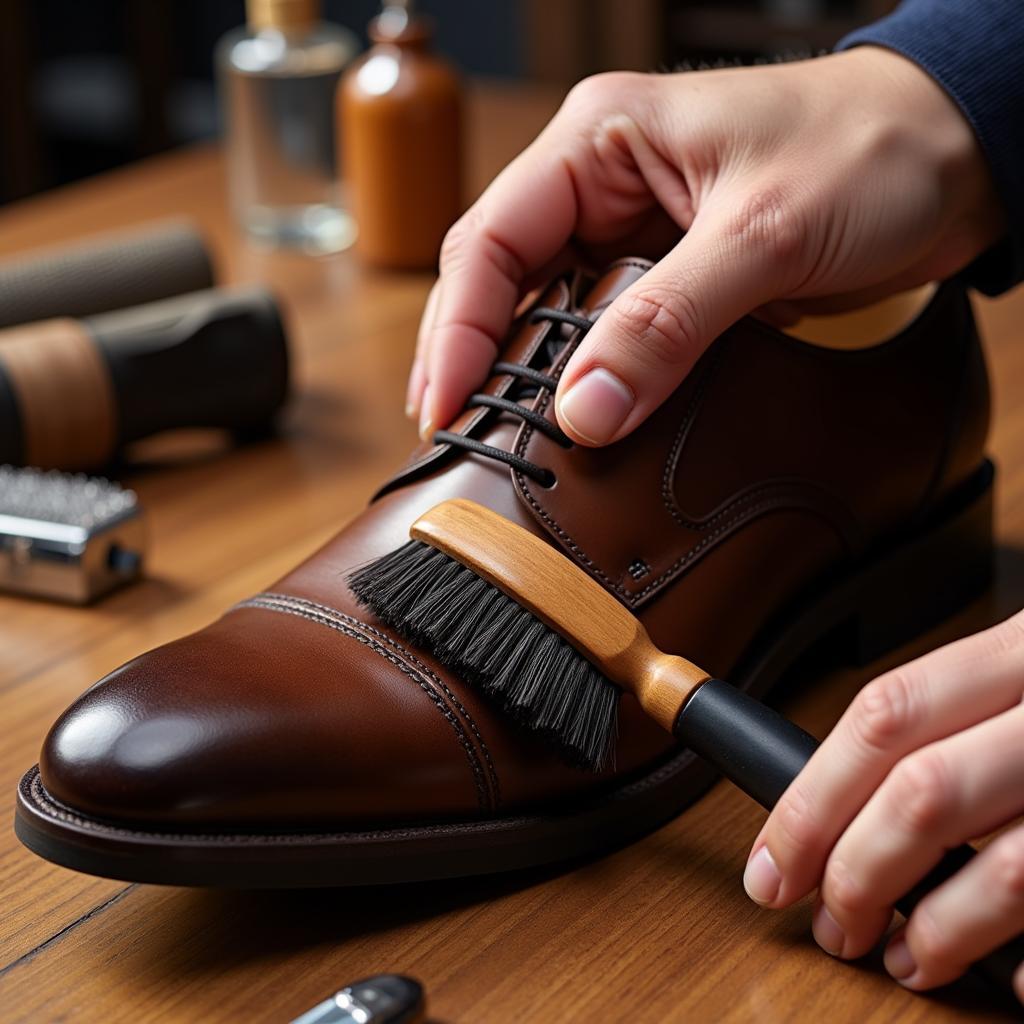 Cleaning Leather Shoes with a Horsehair Brush