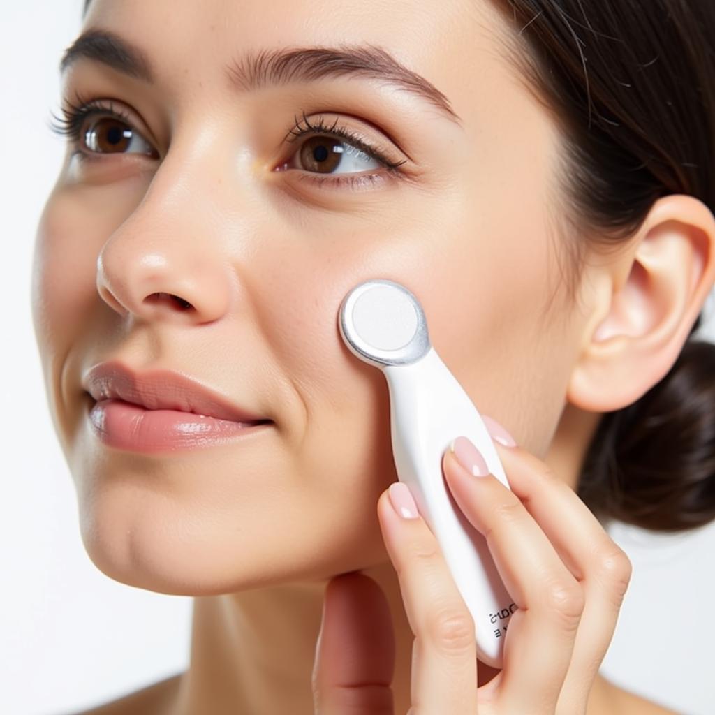 Woman using the i-on Beauty Skin Care Tool on her cheek.