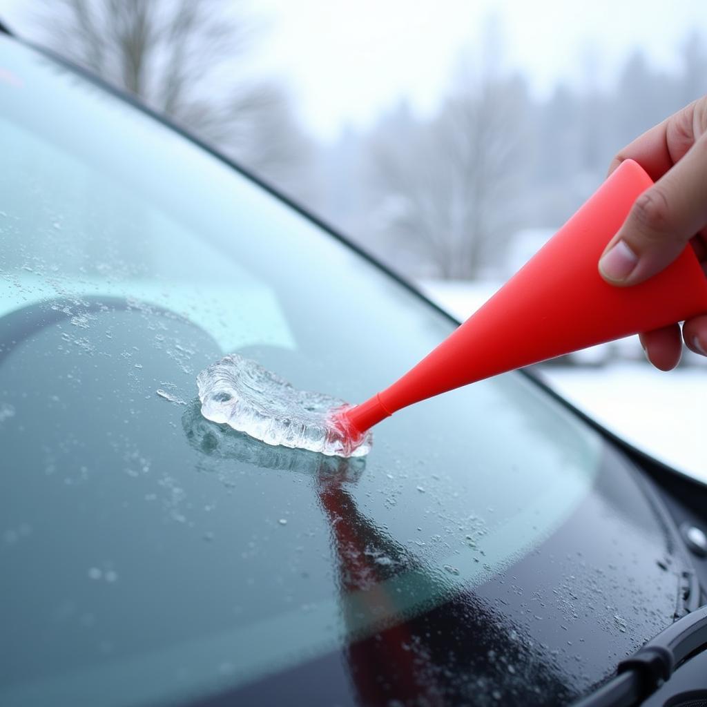 Ice remover cone being used to clear a frosted windshield