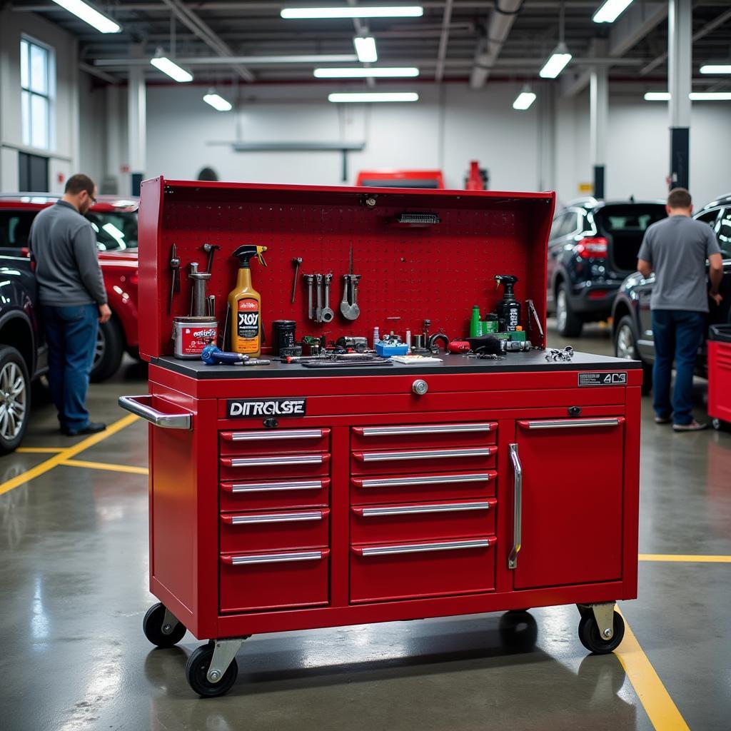 Industrial tool chest in a busy car dealership service bay