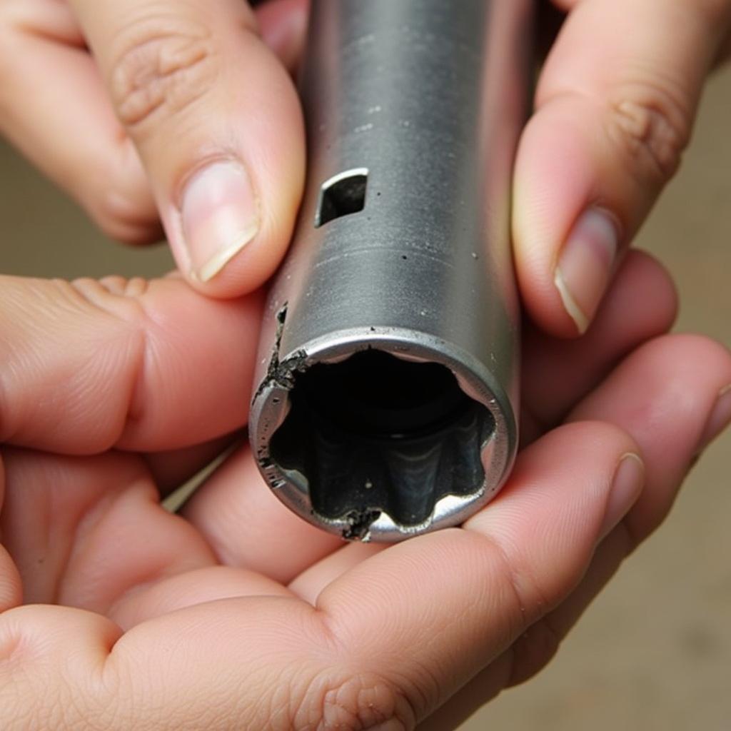 Close-up of a hand inspecting a used socket wrench for wear and tear.