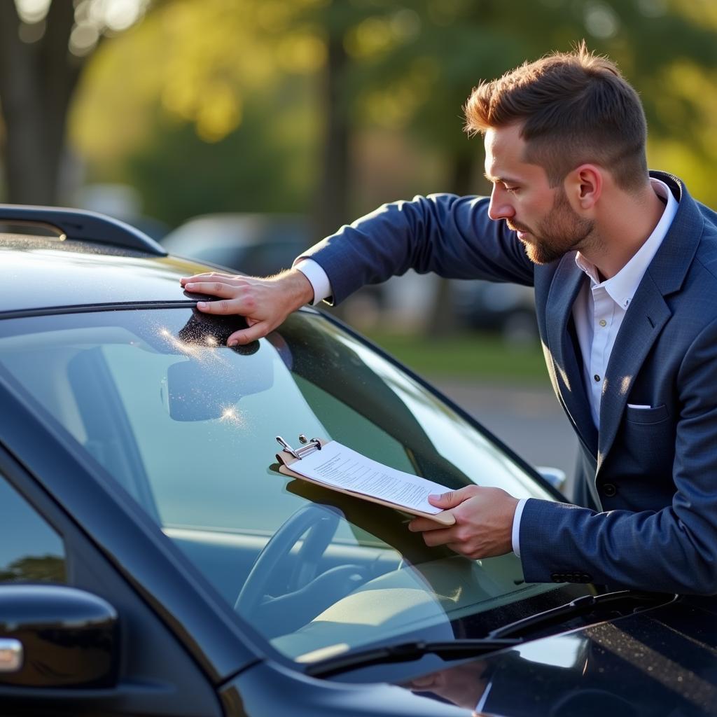 Insurance adjuster inspects a car for hail damage