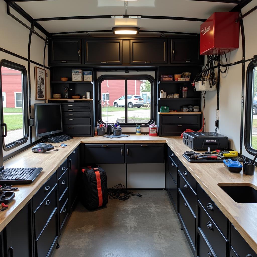 Interior of a Tool Shed Car Trailer with Diagnostic Equipment Setup