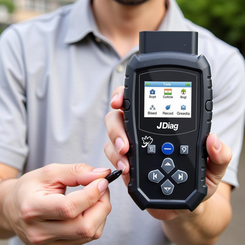 Holding the JDiag JD101 OBD2 Code Reader