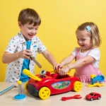 Kids Playing with a Toy Car Tool Box