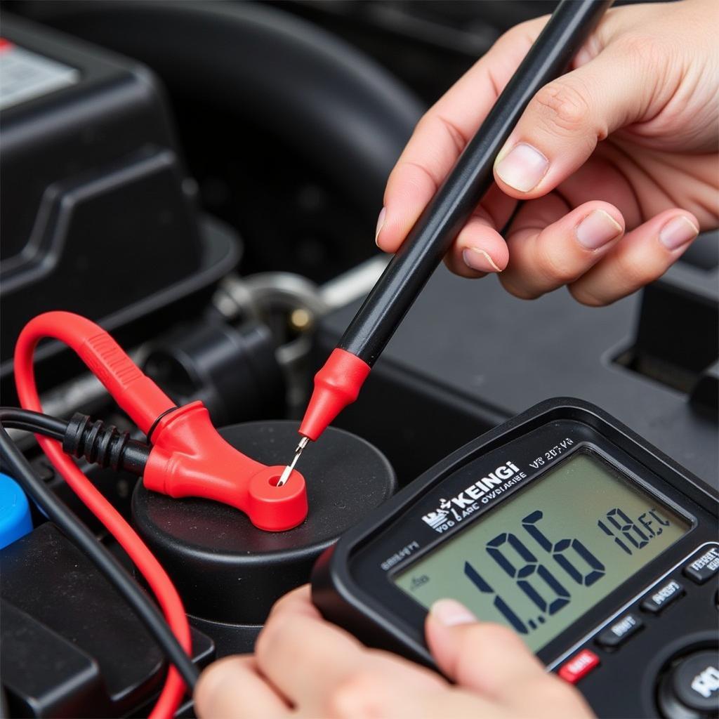 Testing a car battery with a Klein MM700 multimeter