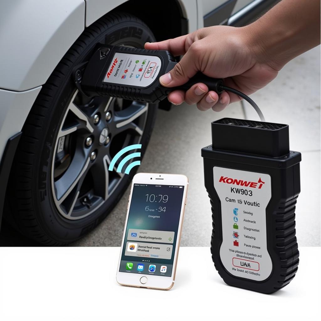 Konnwei KW903 OBDII Scanner Connected to Car