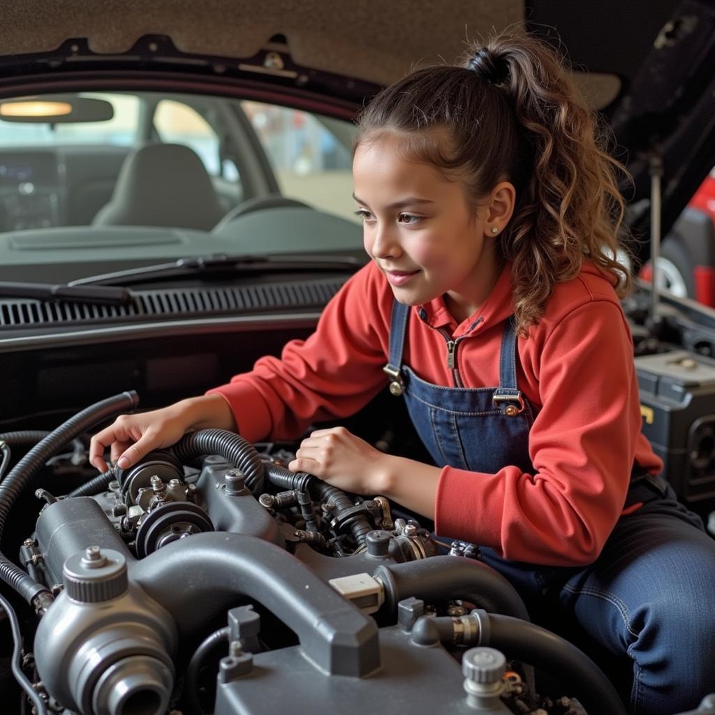 Linsey Toole in her early career working on a vehicle's engine