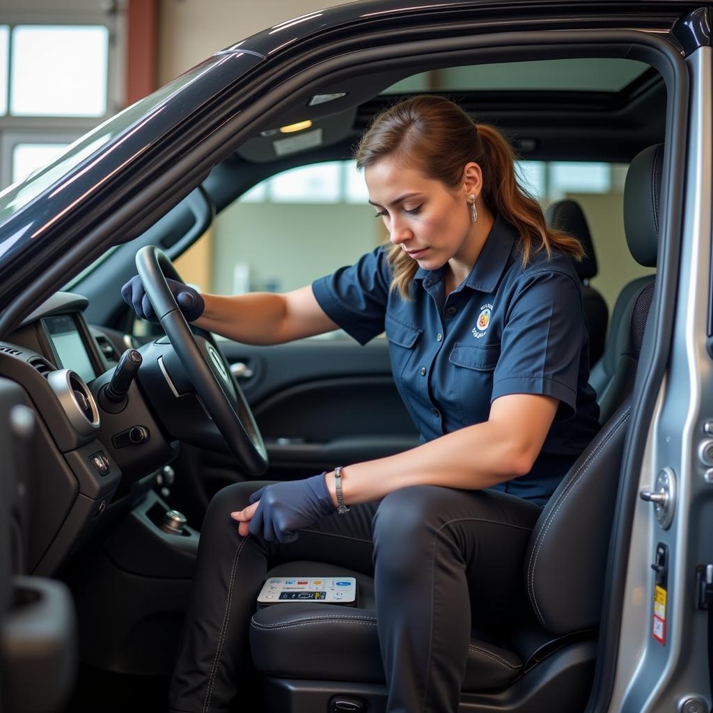 Linsey Toole using advanced diagnostic tools to troubleshoot a car's electrical system