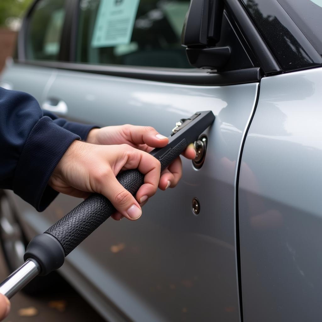 Locksmith Carefully Unlocking a Car Door