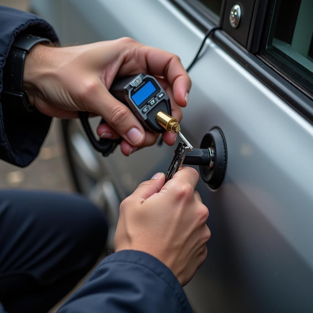 Locksmith using specialized tools to unlock a car door