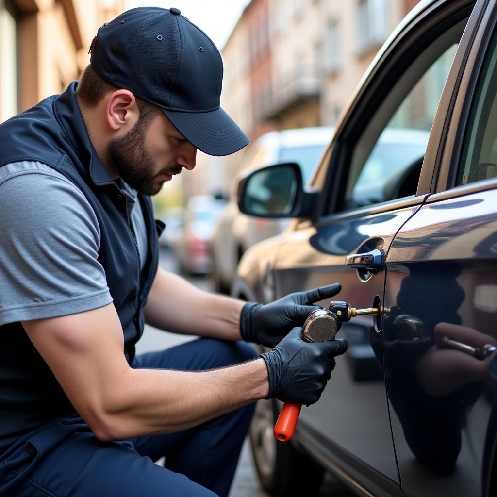 Locksmith Working on Car Lock