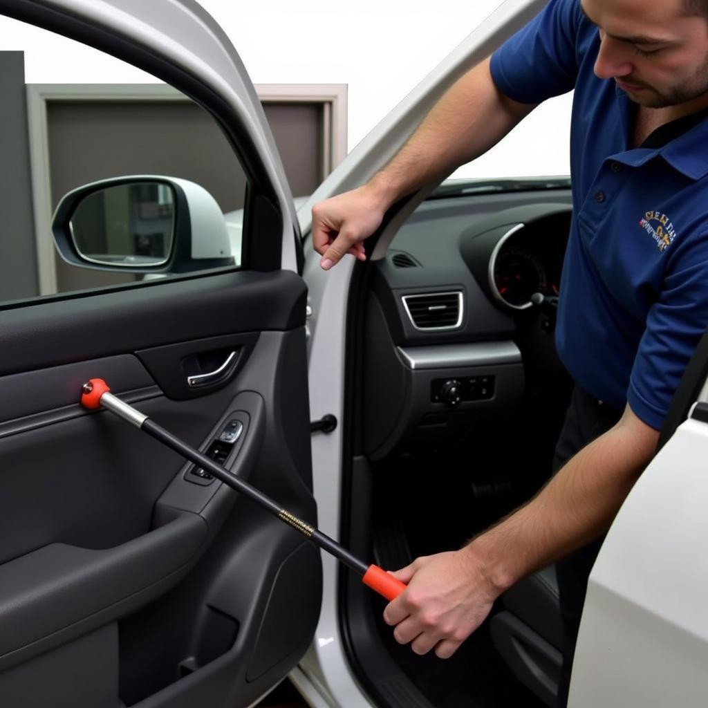 Locksmith using a long arm car opening tool to unlock a car door.