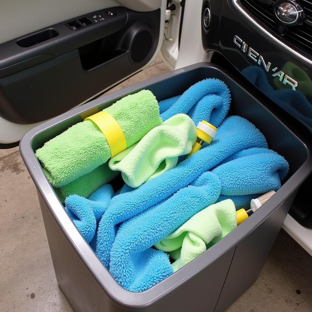 Clean and organized car wash tools stored in a designated area.