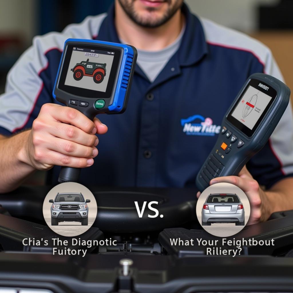 A mechanic comparing two different car diagnostic tools.