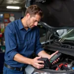 Mechanic Comparing Diagnostic Tools