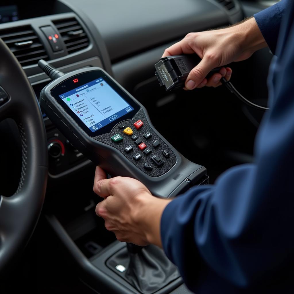 Mechanic using a diagnostic scanner on a car.