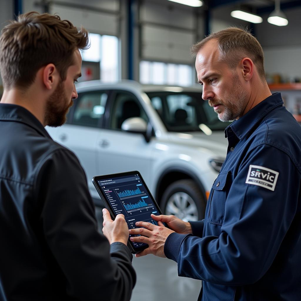 Mechanic Explaining Diagnostic Report to Customer