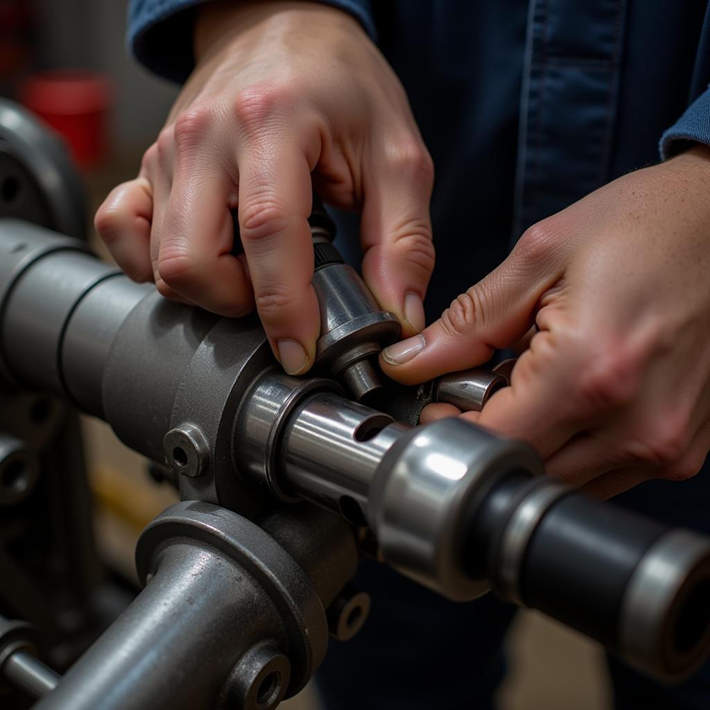 A mechanic cleaning and lubricating an air vacuum hose spreader tool.