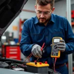 Mechanic Using Multimeter on Car Battery