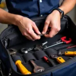 Mechanic selecting tools from a zip open tool bag for car repair.