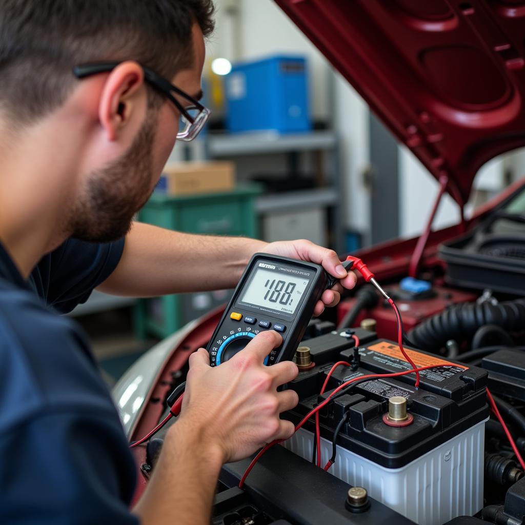 Mechanic Using a Multimeter to Test a Car Battery