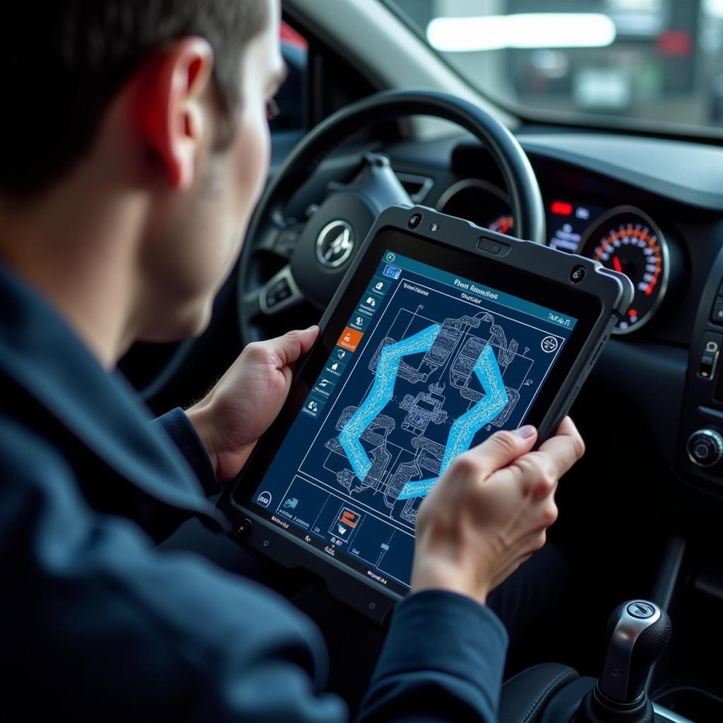 Mechanic Using Advanced ODN Tool Car Diagnostic Software on a Tablet