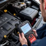 Mechanic Diagnosing Car Engine with ATD Scan Tool