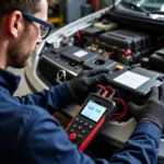 Mechanic Using a Battery Tester on a Car