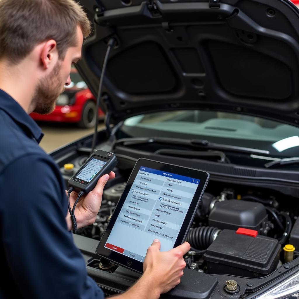 Mechanic using a Bluetooth OBD scanner