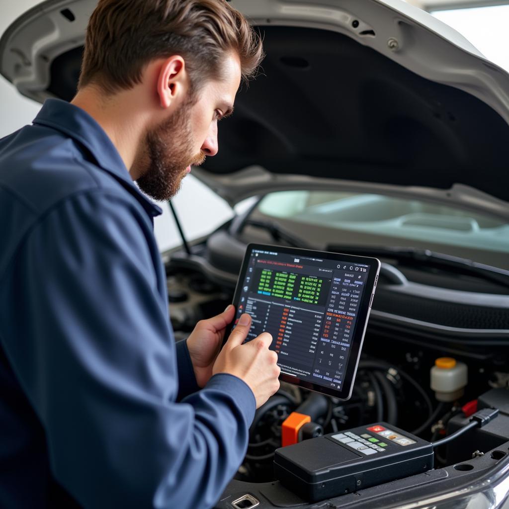 Mechanic diagnosing a car with a Bluetooth scan tool and a tablet